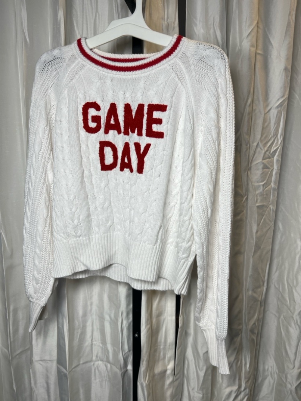 wild fable White Cable Knit Crewneck Sweater with Red "GAME DAY" Lettering